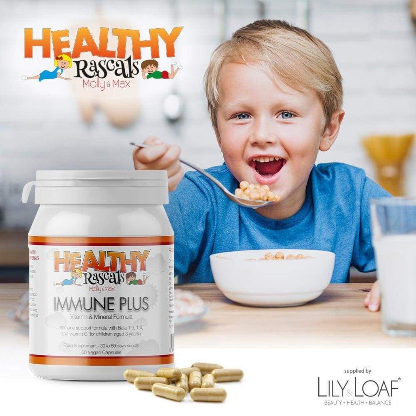 Immune Plus supplement with a child eating cereal in the background