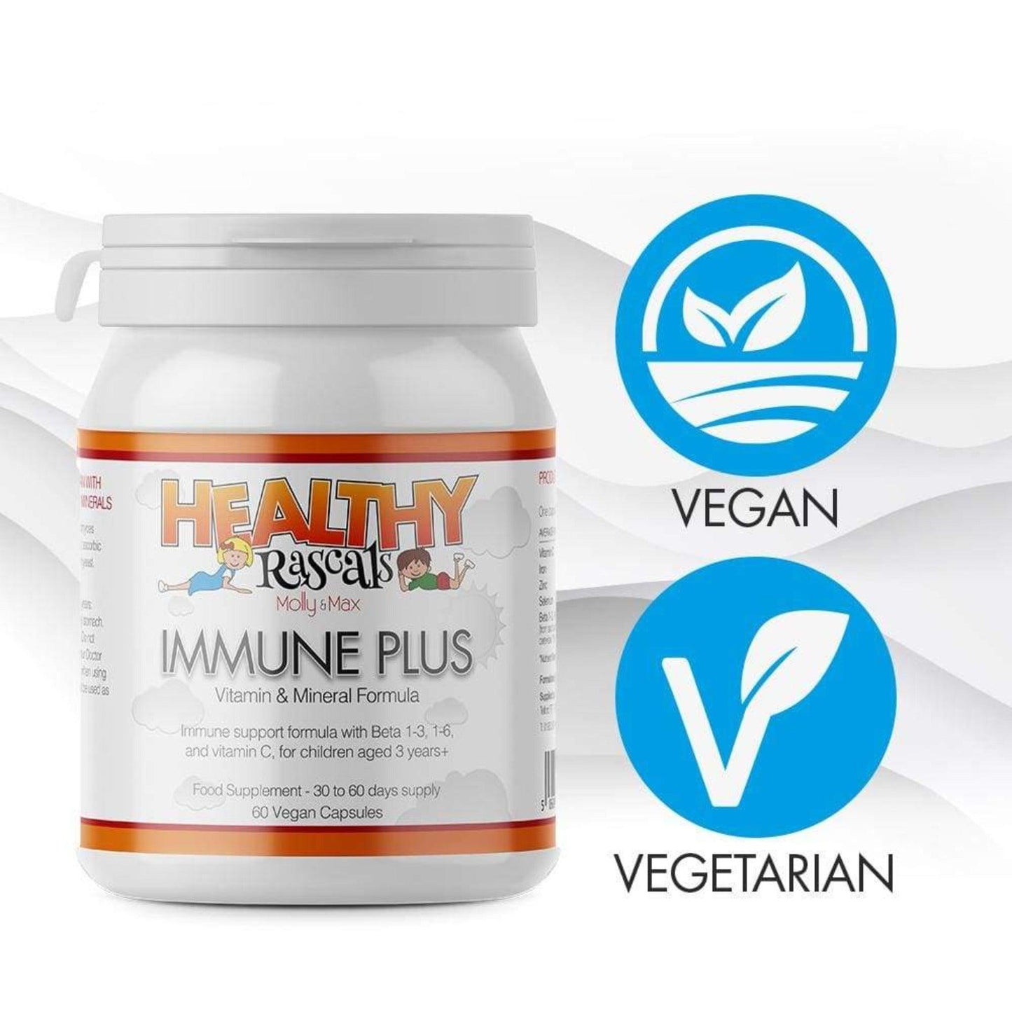 Healthy Rascals Immune Plus, vegan and vegetarian-friendly supplement for kids.