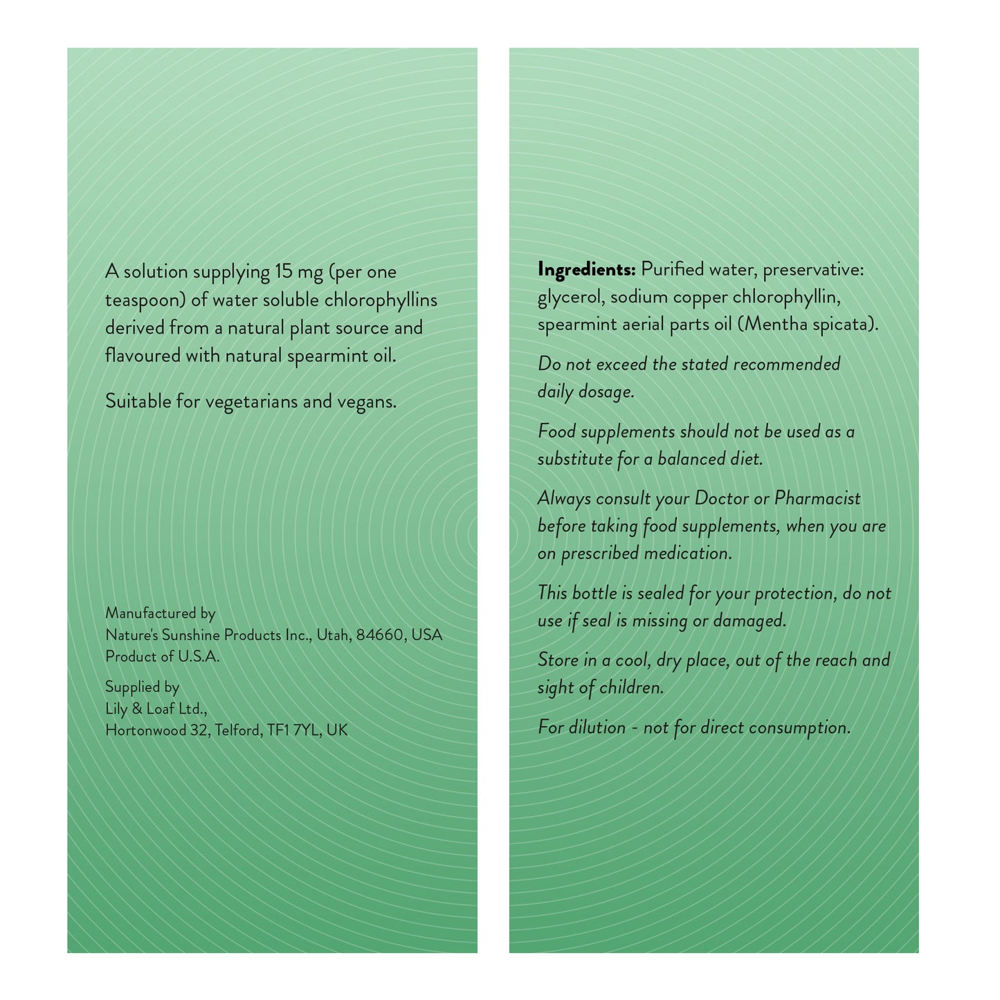 Liquid Chlorophyll label information