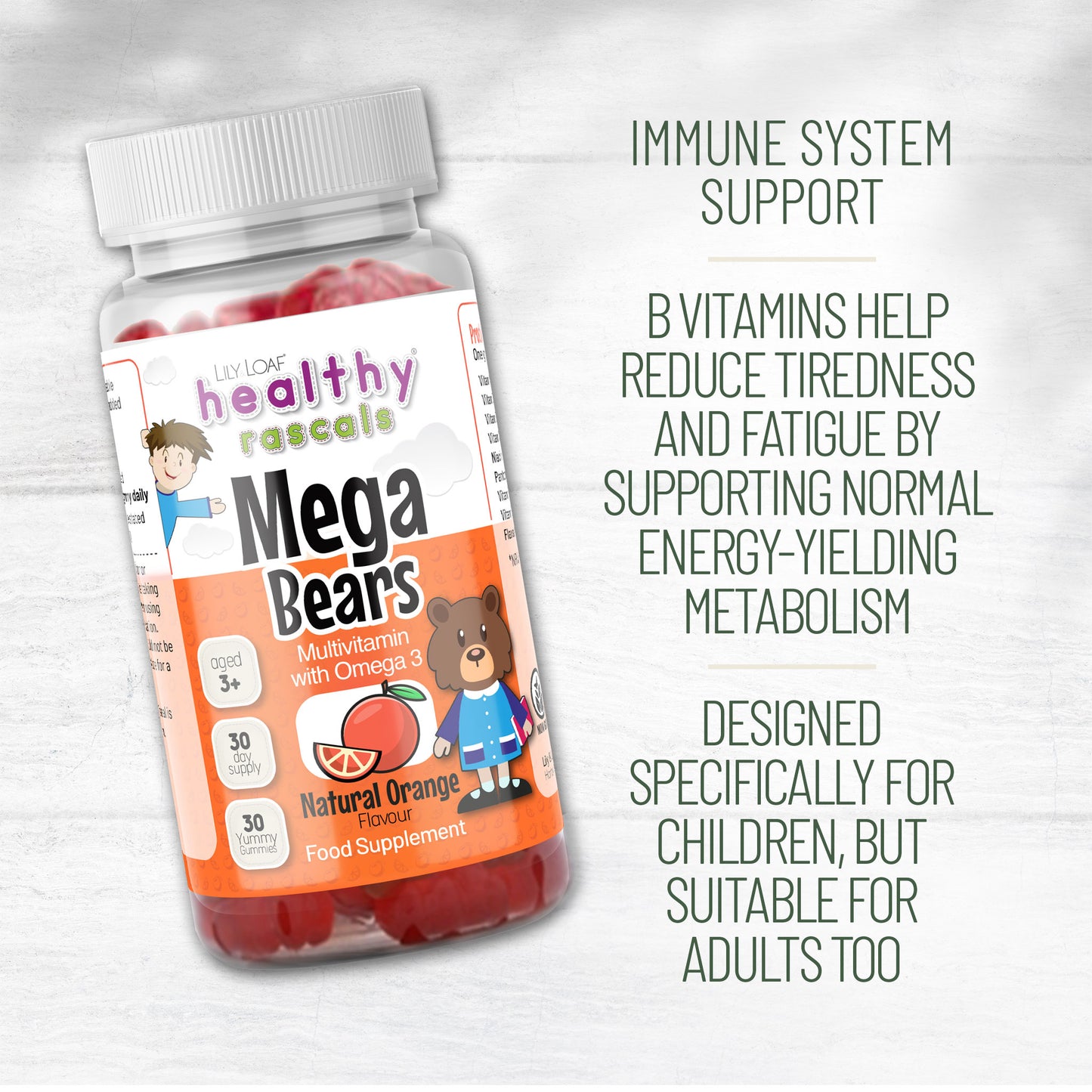 A young boy drinking orange juice at a breakfast table with a bottle of Healthy Rascals Mega Bears Gummy in the foreground