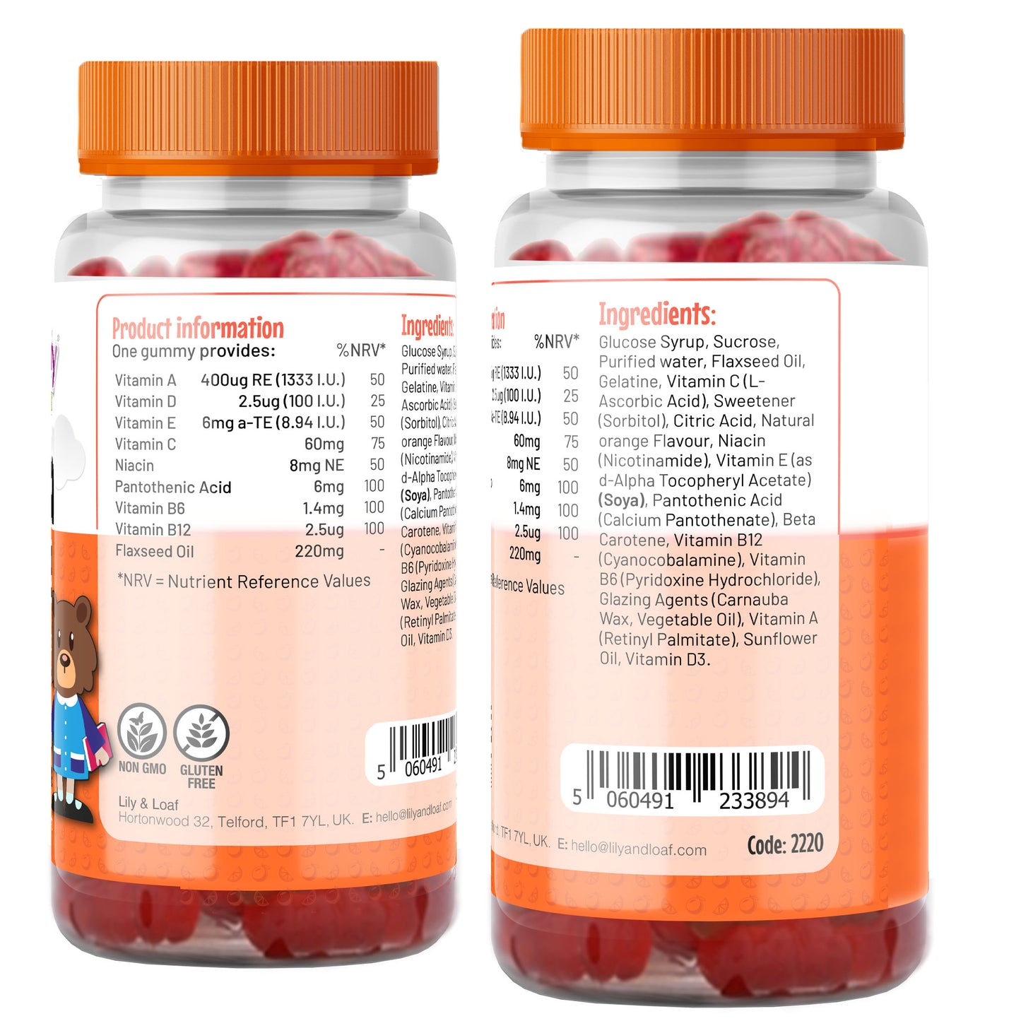 Healthy Rascals Mega Bears Gummy label highlighting ingredients, nutritional information and directions for use.