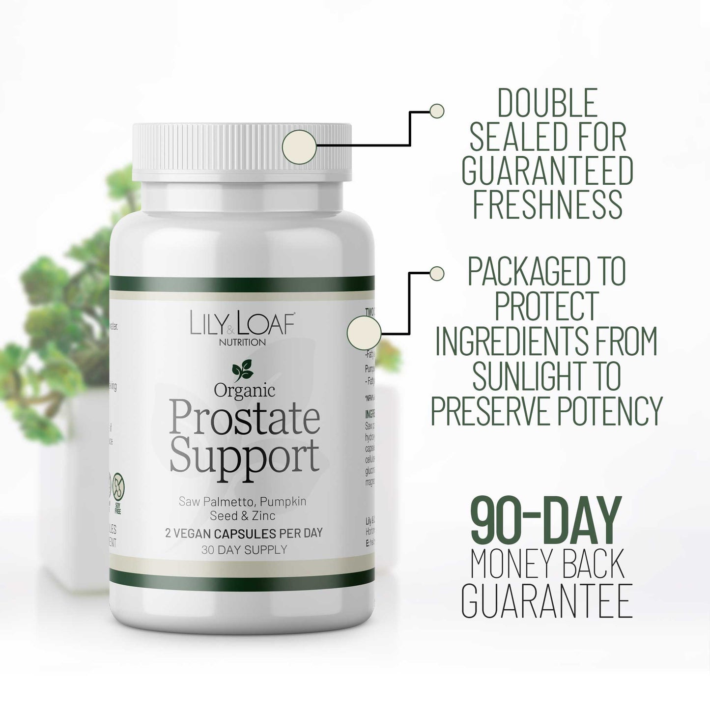 A smiling, fit middle-aged man with short grey hair and a trimmed beard, sitting and resting his arms on his knees. He's wearing a black t-shirt and yellow shorts. In the foreground, there's a product placement of a white bottle with a green label from Lily & Loaf for Organic Prostate Support