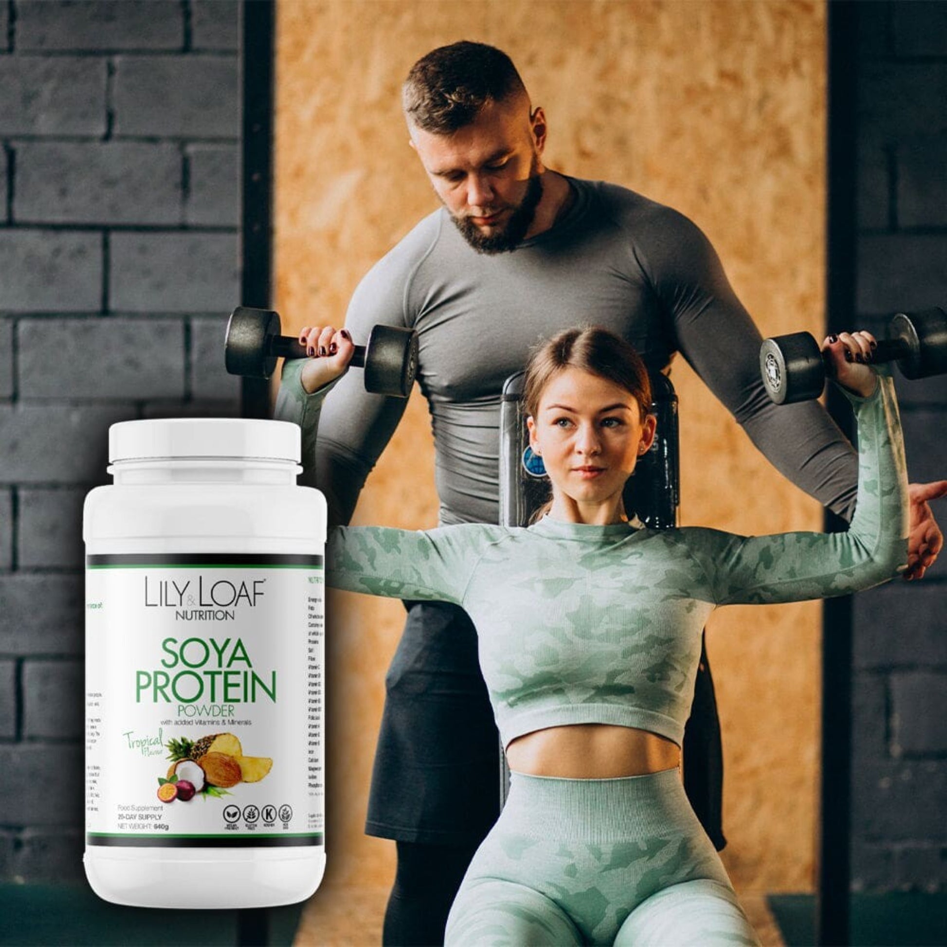 Showcasing a woman engaged in an intense workout with dumbells, paired with a container of Lily & Loaf Soya Protein Powder, suggesting the product's role in supporting an active and healthy lifestyle.