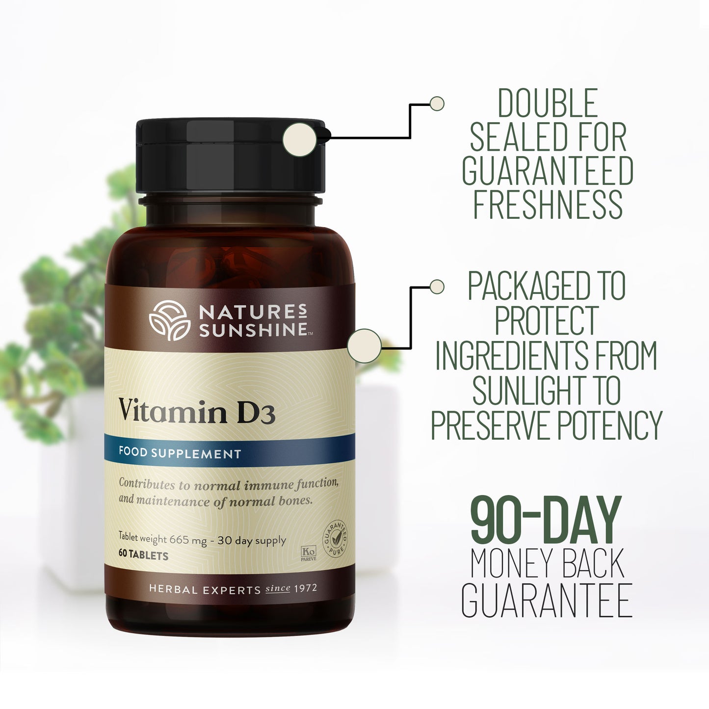 Vitamin D3 packaging information and 90 day money back guarantee