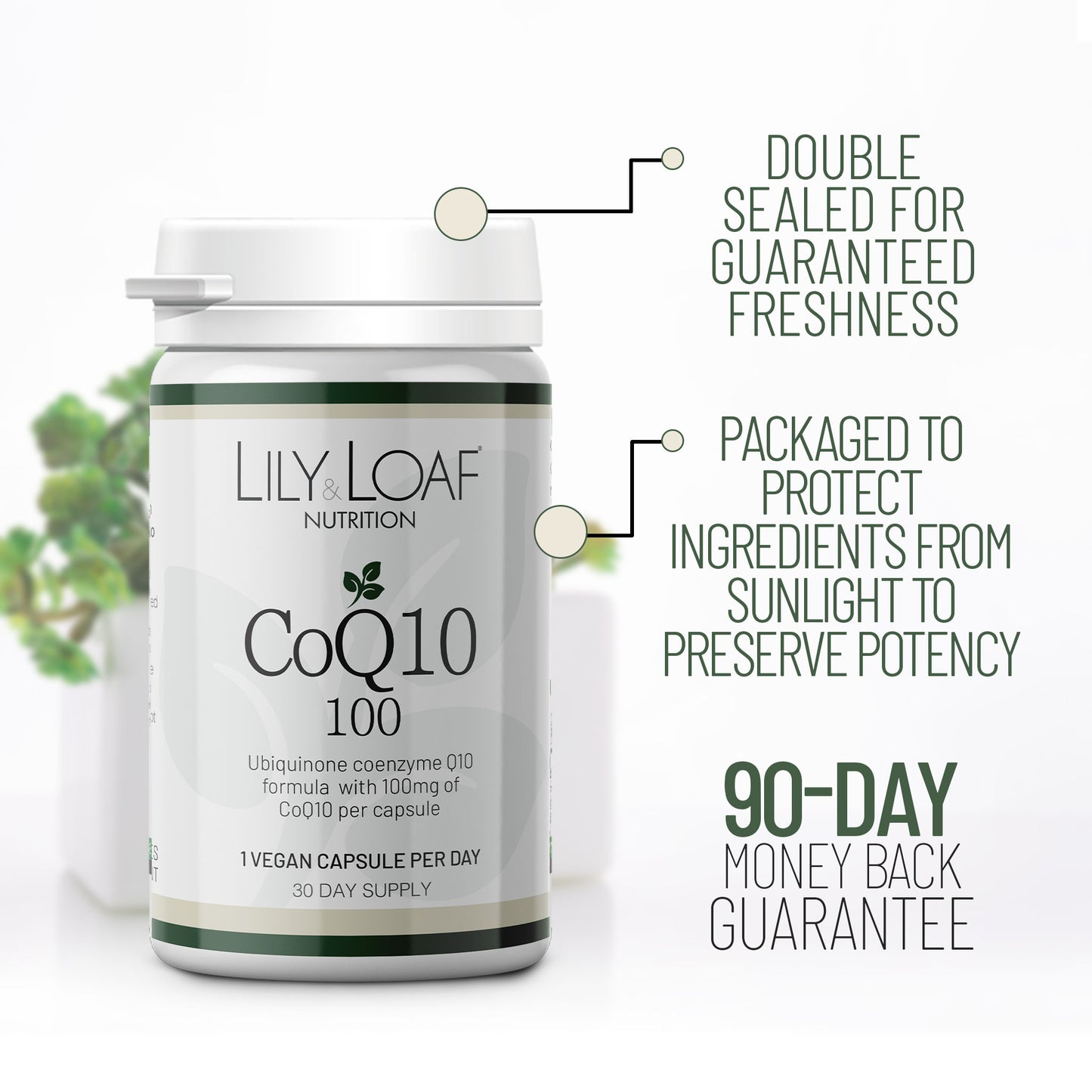 Lily & Loaf CoQ10 100 supplement bottle showing double-sealed packaging, light-protective design and 90-day money-back guarantee.
