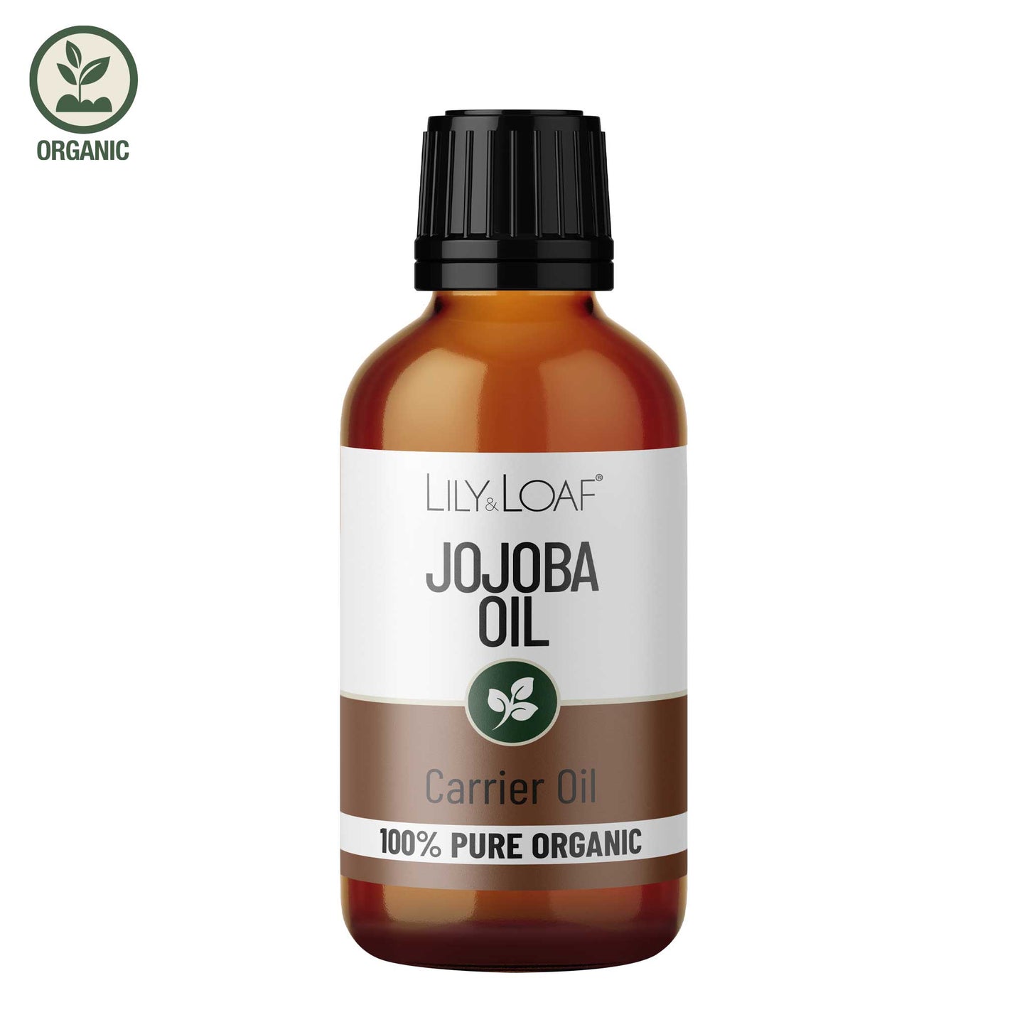 Lily & Loaf Organic Jojoba Oil carrier oil in amber glass bottle with black cap, labelled 100% pure organic and suitable for skincare use.