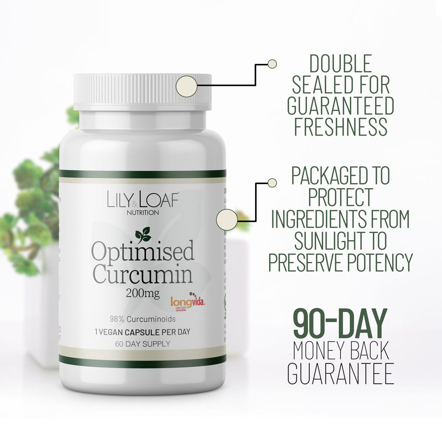 Lily & Loaf Optimised Curcumin 400mg supplement bottle showing double-sealed packaging, light-protective design and 90-day money-back guarantee.