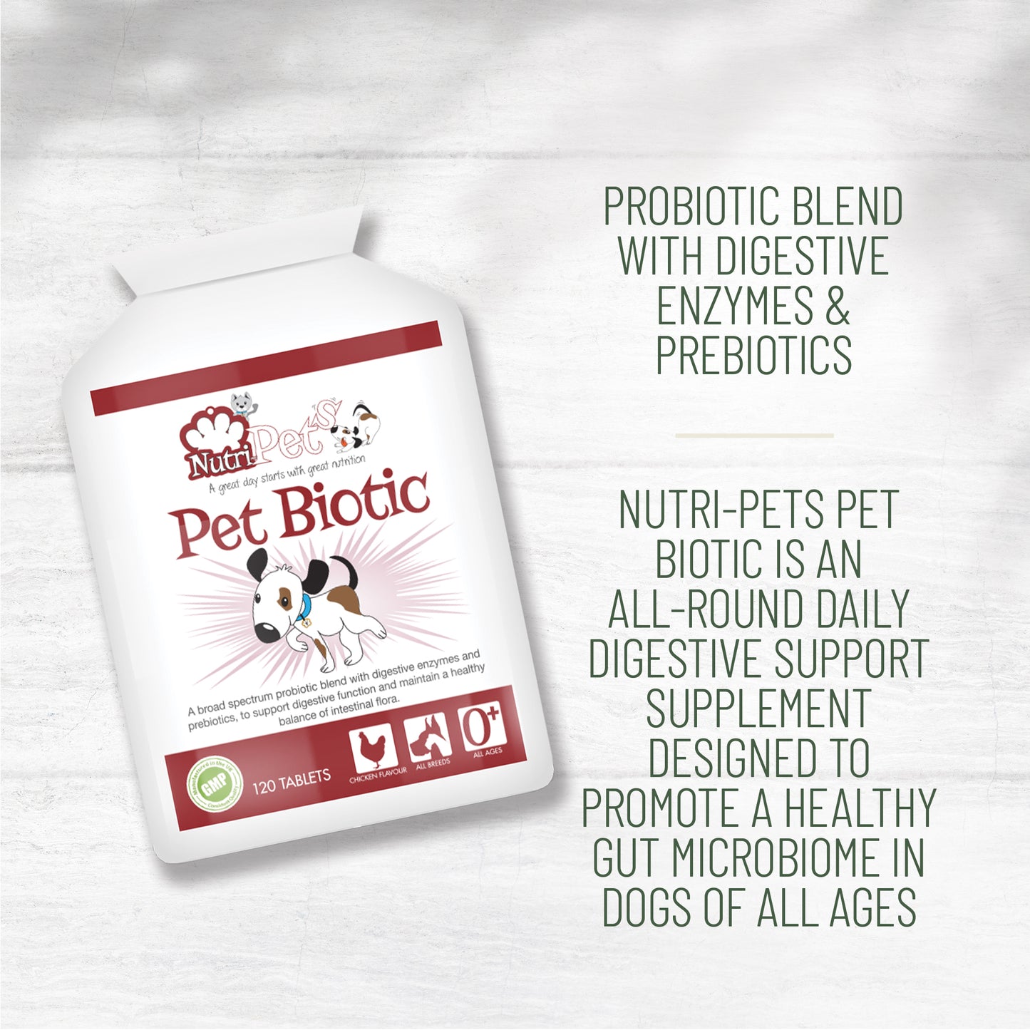 Nutri-Pets Pet Biotic supplement bottle showing probiotic blend with enzymes and prebiotics for daily digestive and gut health support in dogs.