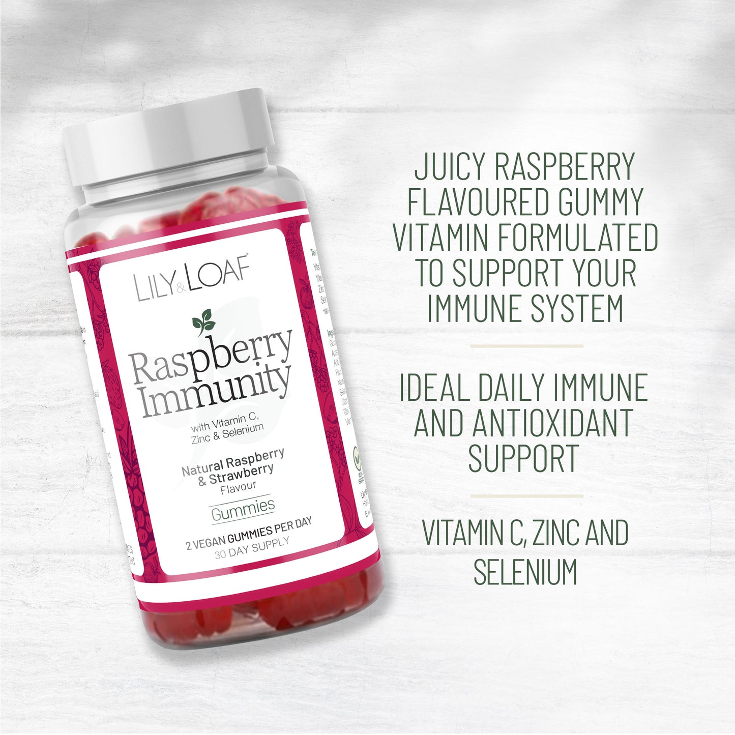 Raspberry Immunity Gummies front with gummies