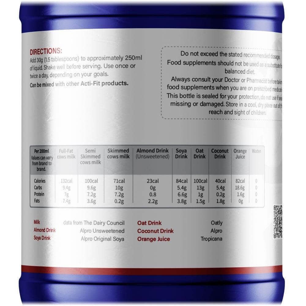 Back label of Acti-Fit Super Mass Gainer (Vanilla) tub showing directions for use and nutrition table