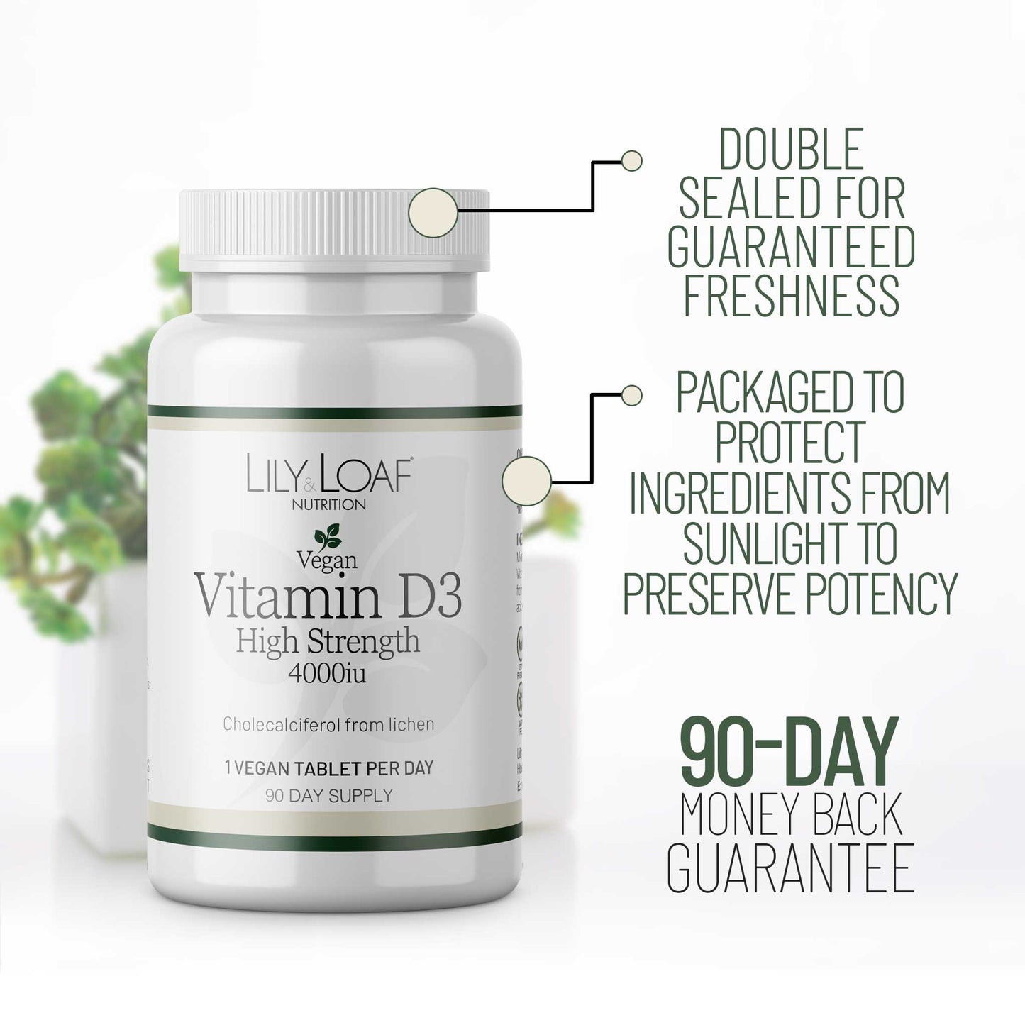 Vitamin D3 packaging facts and 90-day guarantee