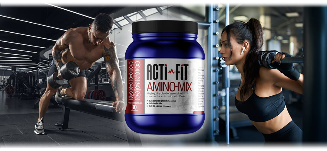 People completing strength training activities at the gym with a tub of Amino-Mix in the centre