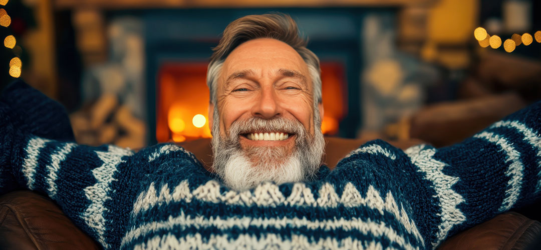 man lying back in chair with log fire on enjoying christmas