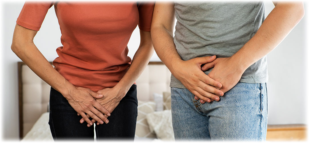 Man and woman standing side by side, both holding their lower abdomen in discomfort, highlighting issues related to urinary health.
