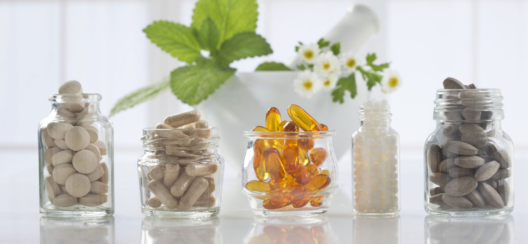 selection of supplements in glass beakers