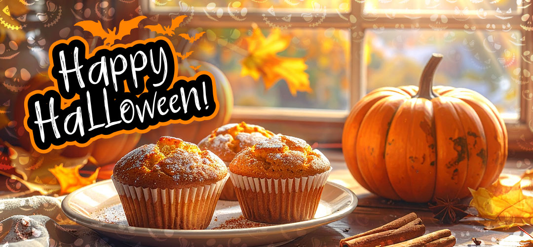 Pumpkins and punkin muffins on a rustic kitchen table