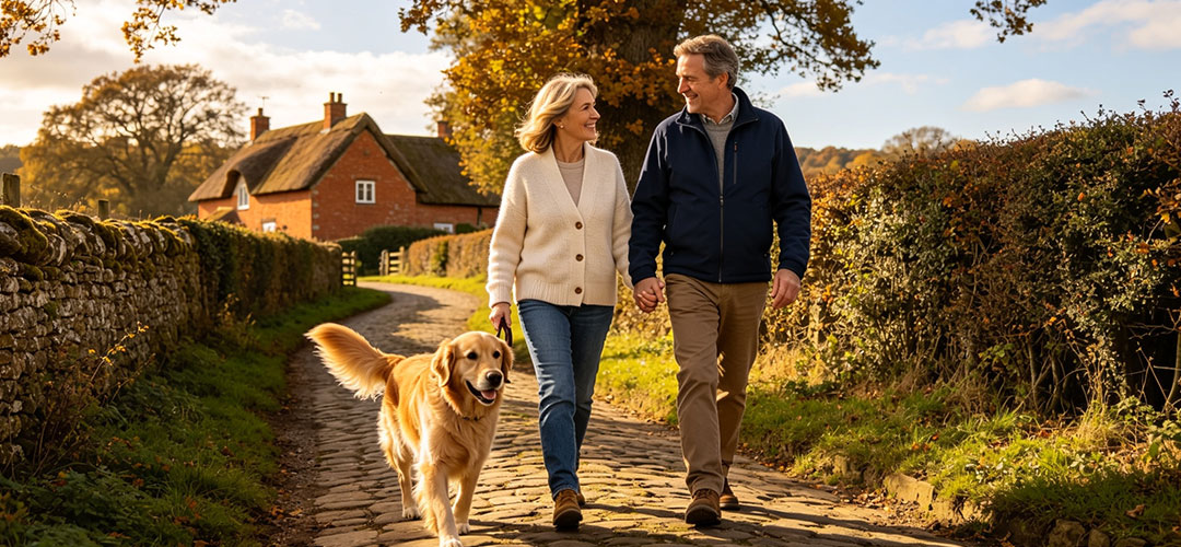middle age couple walking dog.
