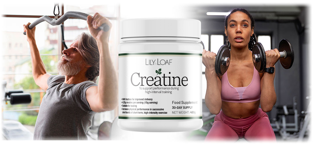 A container of creatine powder, suggesting the use of creatine for exercise and fitness purposes, particularly for middle-aged individuals