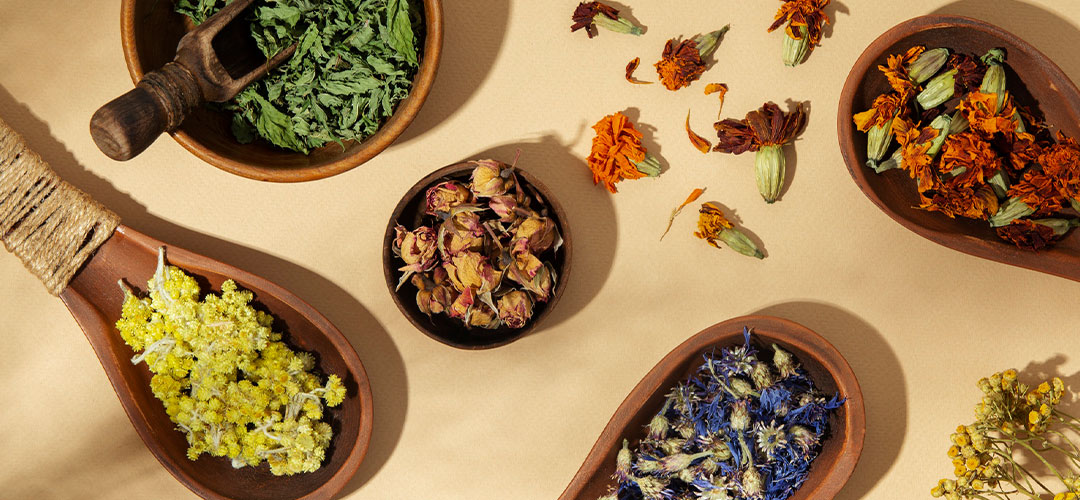 Assorted dried adaptogenic herbs in wooden bowls, representing their natural benefits for stress management, balance, and overall well-being