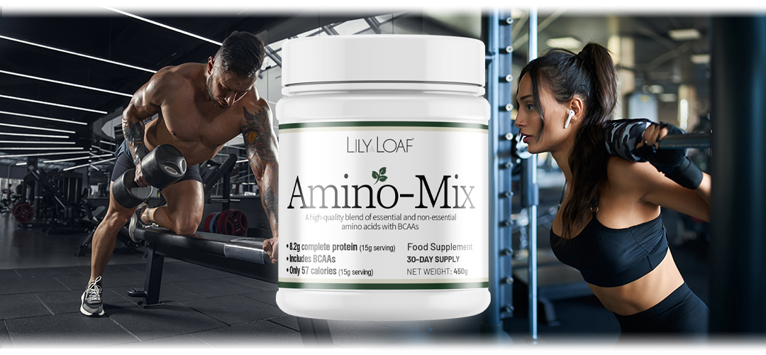 People completing strength training activities at the gym with a tub of Amino-Mix in the centre