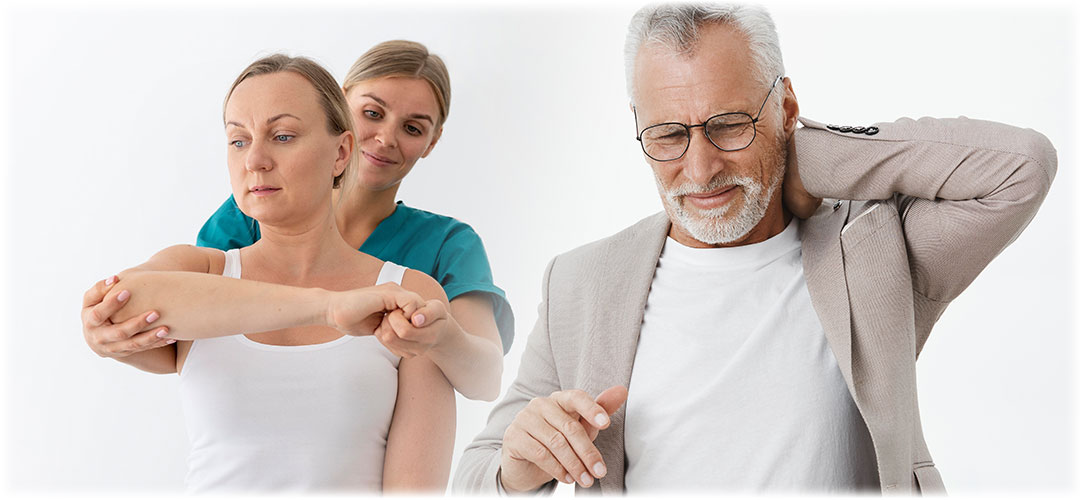 Therapist assisting woman with arm exercise; elderly man with neck pain, illustrating Lily & Loaf's focus on physical therapy.