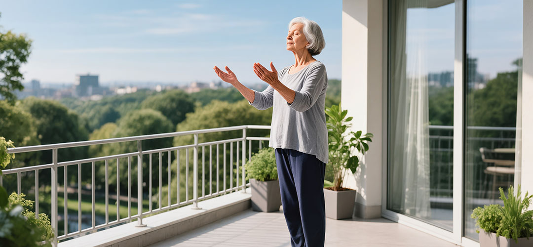 lderly-woman-practicing-tai-chi-on-a-balcony-warming morning sunshine