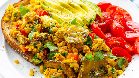 All day breakfast with scrambled eggs, avocado, grilled tomatoes, mushrooms, spinach and rye toast.