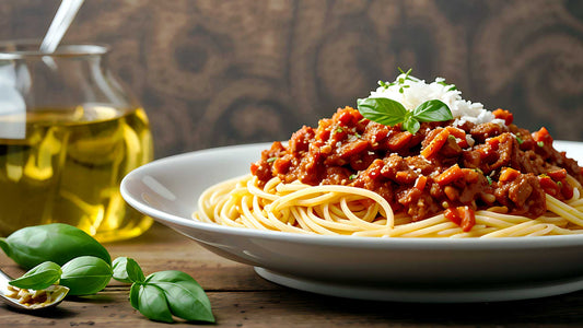 Lentil and quinoa bolognese served in a bowl with fresh basil