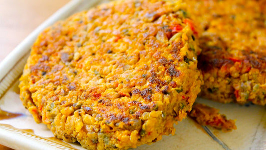 Golden spiced quinoa patties made with beans, herbs and quinoa