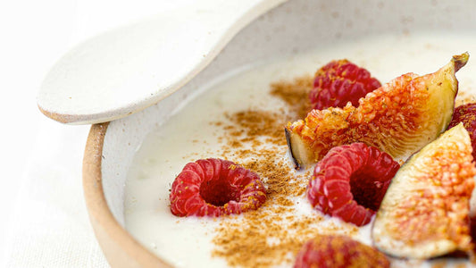 Creamy maca and coconut yoghurt topped with fresh berries