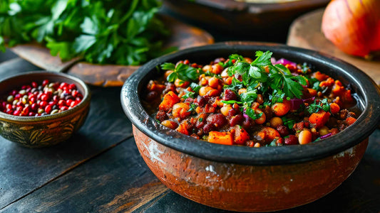 3 bean chilli with mixed beans, vegetables and coriander