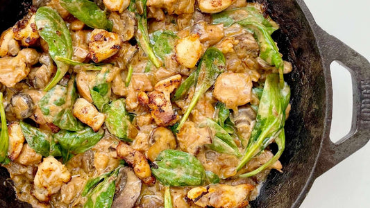 Creamy chicken stroganoff with mushrooms, leeks and spinach