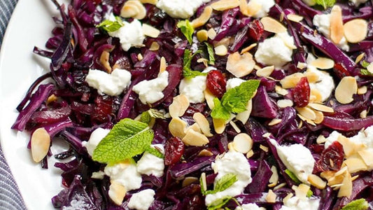 Beetroot salad with goats cheese, walnuts, apple and red cabbage