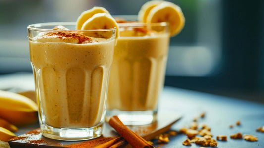 Nutty Power Smoothie made with nut butter and banana in a glass
