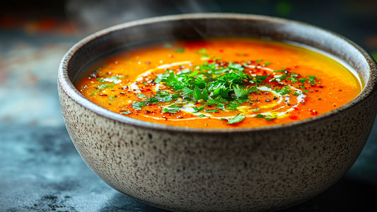 Pumpkin & Coconut Soup garnished with Coriander, Chilli flakes and a swirl of cream