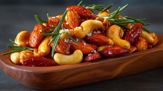 Rosemary and sea salt roasted mixed nuts served in a bowl
