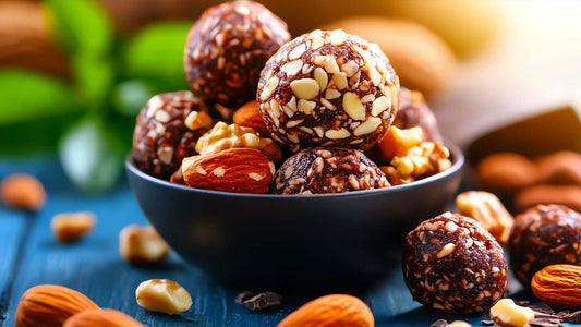 Cacao date and almond bliss bites topped with cacao powder
