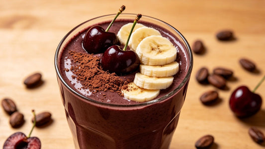 Glass of Black Forest protein smoothie topped with fresh cherries, grated dark chocolate and cacao powder.