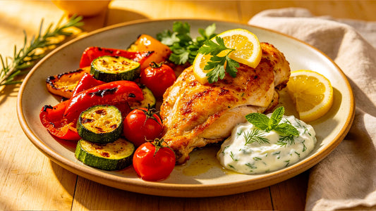 Mediterranean lemon chicken served with roasted vegetables and herby Greek yoghurt.
