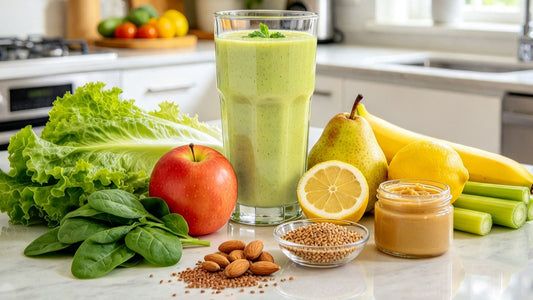 Tall glass of creamy green smoothie surrounded by fresh fruit, leafy greens, lemon, seeds and almond butter.
