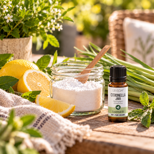 DIY Citronella outdoor scent jar with bicarbonate of soda, essential oil and fresh lemon on a garden table