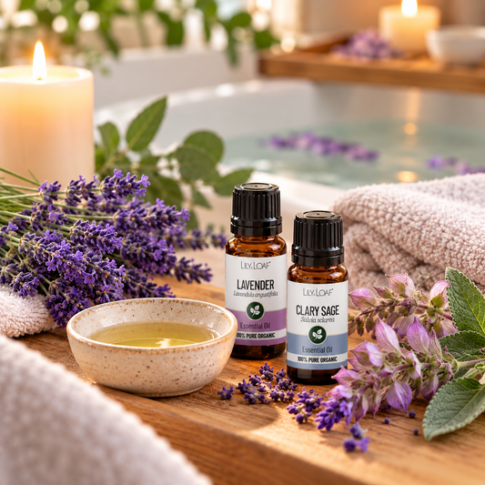 Lavender and Clary Sage essential oils beside a bath with fresh lavender, a ceramic bowl, soft towels and candles