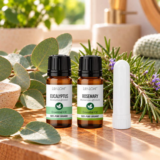 Eucalyptus and Rosemary pocket aromatherapy inhaler with amber essential oil bottles, eucalyptus leaves and rosemary sprigs