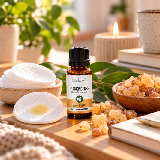 Frankincense Essential Oil with scented cotton pads, frankincense resin and a journal in a peaceful home setting