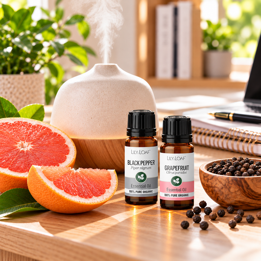 Grapefruit and Black Pepper essential oil diffuser blend with sliced grapefruit, black peppercorns and amber essential oil bottles