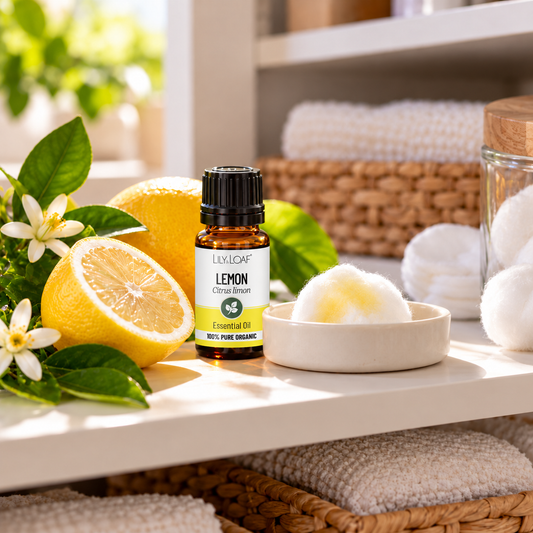 Lemon Essential Oil room freshener with scented cotton wool in a ceramic dish, fresh lemons and an amber essential oil bottle.