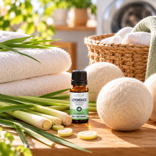 Lemongrass essential oil with wool dryer balls, folded white towels and fresh lemongrass in a bright laundry room