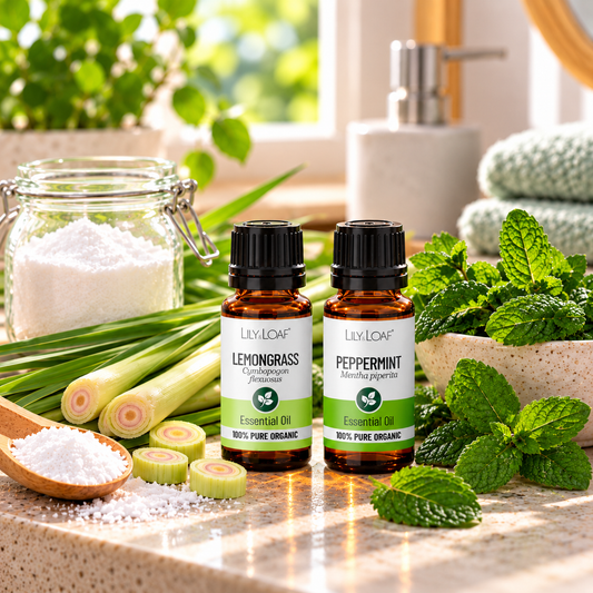 Lemongrass and Peppermint bathroom freshener with bicarbonate of soda in a glass jar, essential oil bottles and fresh botanicals