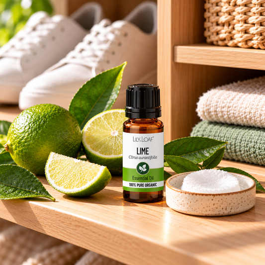Lime Essential Oil shoe and drawer freshener with scented cotton pad, fresh limes and amber essential oil bottle on a wooden shelf