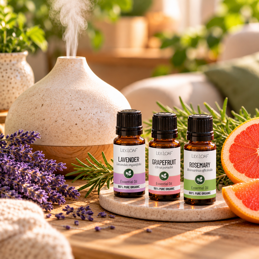 Essential oil diffuser with Lavender, Rosemary and Grapefruit oils, fresh botanicals and sliced grapefruit